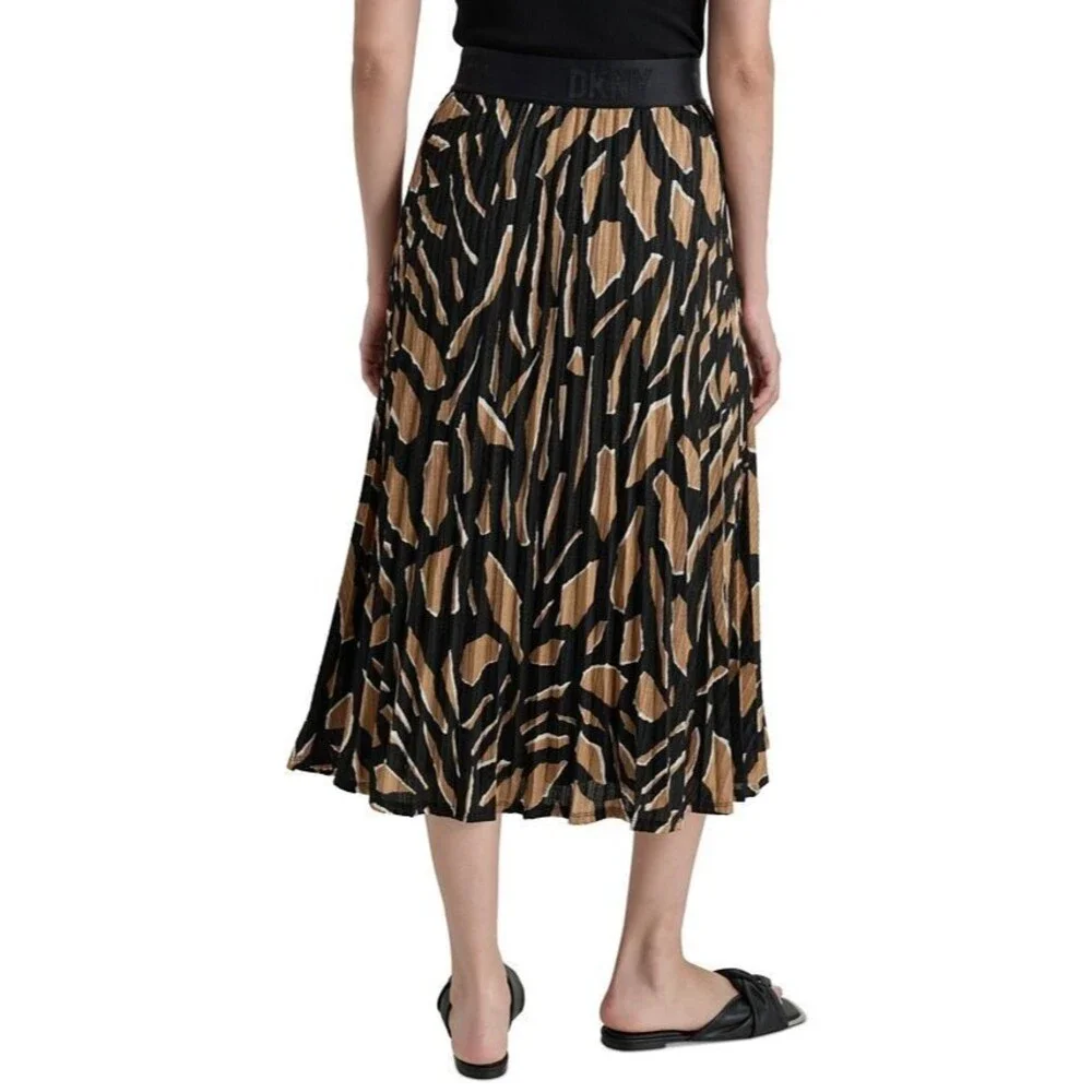 DKNY Women's Pull-On Printed Pleated Midi Skirt Black Brown L - Picture 4 of 10